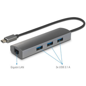 CONRAD 3+1 Port USB 3.1-Hub mit eingebautem Netzwerk-Anschluss, mit Aluminiumgehäuse Renkforce Silbe 