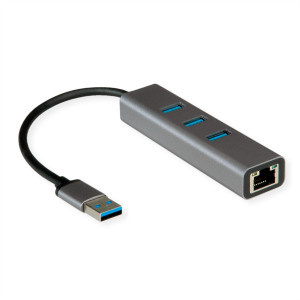ROLINE USB 3.2 Gen 1 zu Gigabit Ethernet Konverter + Hub 3x 