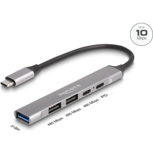 DELOCK 4 Port Slim USB Type-C Hub mit 1 x 10 Gbps Typ-A+ 2 2.0+ 1 2. 